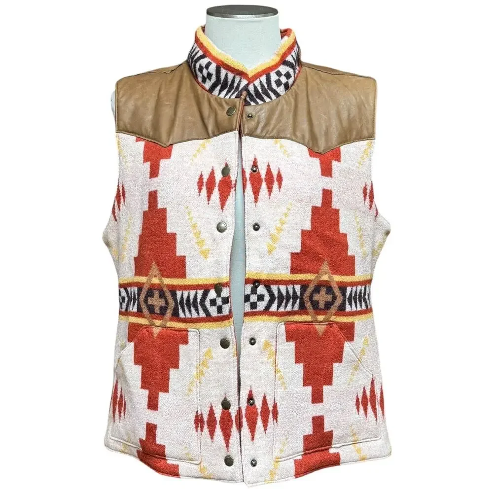 Orvis Leather Wool Aztec Southwestern Print Vest Large